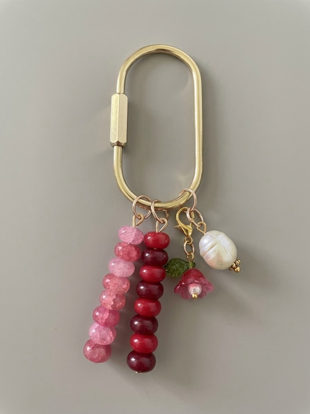 Handmade Pink & Red Beaded Bag Charm Keychain with Faux Pearl & Flower Charms